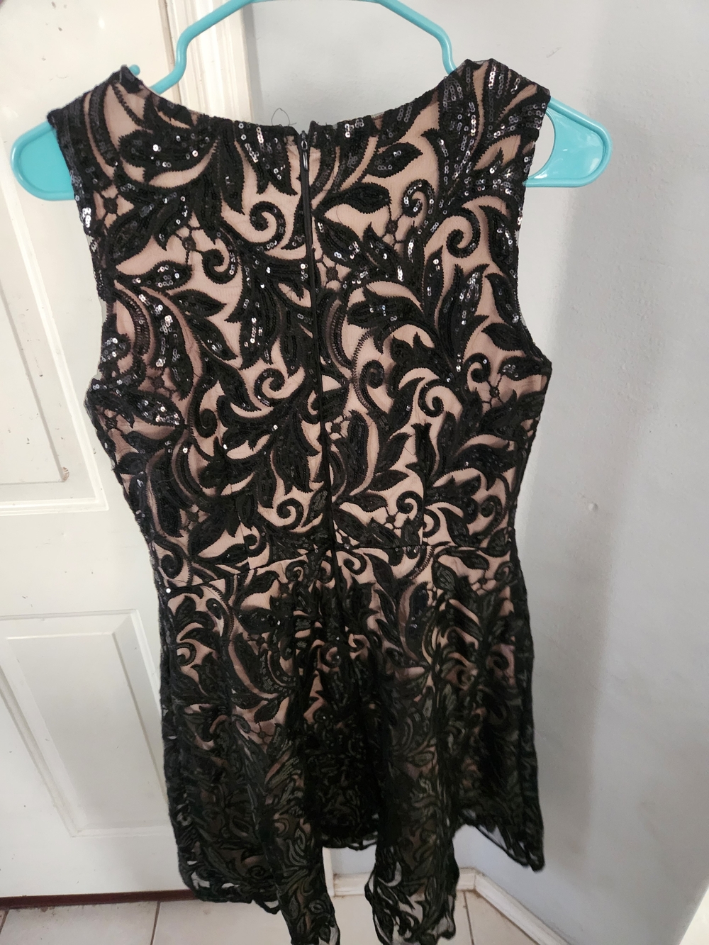 Elegant Black Sequined Lace Prom Dress with Nude Underlay